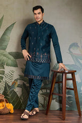 Teal Blue Embroidered Kurta Koti Set for Men ⭐⭐⭐⭐⭐