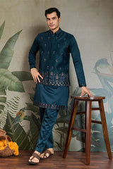 Teal Blue Embroidered Kurta Koti Set for Men ⭐⭐⭐⭐⭐