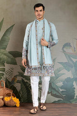 Traditional Sky Color Embroidered Kurta Pajama Set for Men