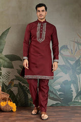Wedding Special Maroon Kurta Pajama with Open Koti for Men