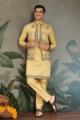Haldi Special Yellow Kurta Pajama with Open Jacket for Men