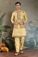 Haldi Special Yellow Kurta Pajama with Open Jacket for Men