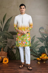 Printed with Hand Mirror Work Kurta for Mens