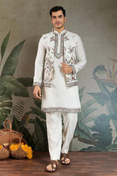 Wedding Special White Jacket Style Kurta Pajama Full Set