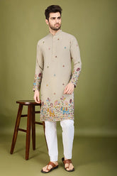 Ivery Color Embroidered Work Cotton Kurta for Men