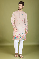 Ivory Viscose Silk Men's Kurta with Thread Work