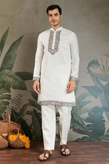 Wedding Special White Jacket Style Kurta Pajama Full Set