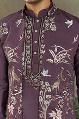 Rust Purple Open Koti Style Kurta Pajama Set for Men