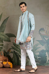 Traditional Sky Color Embroidered Kurta Pajama Set for Men