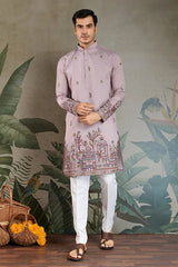 Traditional Dusty Pink Embroidered Kurta Dupatta with Pajama