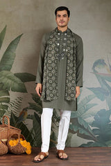 Premium Olive Green Mirror Work Kurta with Dupatta for Occasions