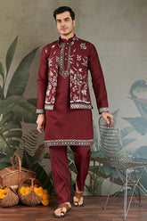 Wedding Special Maroon Kurta Pajama with Open Koti for Men