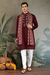 Traditional Maroon Mirror Embroidered Kurta with Dupatta
