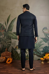 Black Roman Silk Kurta with Jacquard Koti Jacket