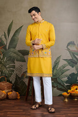Designer Yellow Cotton Kurta with Koti Jacket Online