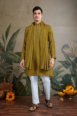 Silk Party Wear Rust Yellow Jari Work Kurta & Dupatta for Men's