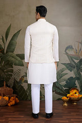 White Roman Silk Kurta with Jacquard Koti Jacket
