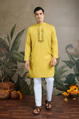 Stylish Look Perfect Haldi Yellow Color Men's Kurta with Dupatta