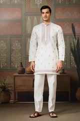 Ethnic White Embroidered Koti Kurta Set for Men⭐⭐⭐⭐⭐