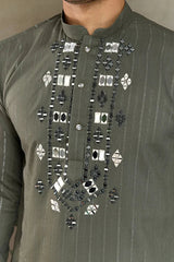 Premium Olive Green Mirror Work Kurta with Dupatta for Occasions