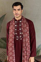 Traditional Maroon Mirror Embroidered Kurta with Dupatta