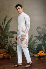 Designer White Silk printed kurta for men
