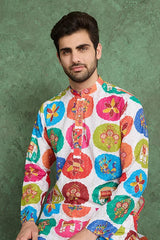 Multi Color Print with Embroidered Kurta and Pajama for Men