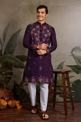Designer Purple Mirror Work Kurta Set for Mens Wear