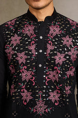 Black Mirror Work with Embroidered Kurta Set for Men
