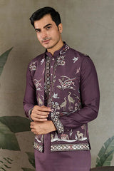 Rust Purple Open Koti Style Kurta Pajama Set for Men