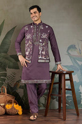 Rust Purple Open Koti Style Kurta Pajama Set for Men