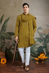Silk Party Wear Rust Yellow Jari Work Kurta & Dupatta for Men's