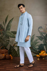 Sky Blue Designer Men's Kurta with Real Mirror Work