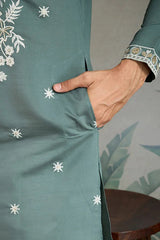 Pastel Pista Viscose Silk Embroidered Kurta for Men