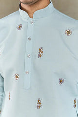 Traditional Sky Color Embroidered Kurta Pajama Set for Men