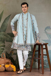 Traditional Sky Color Embroidered Kurta Pajama Set for Men