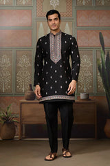 Black Mens Kurta with Stylish Koti for Wedding Wear
