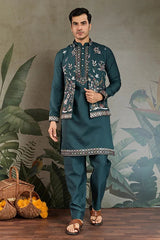 Traditional Green Kurta Pajama with Stylish Open Jacket