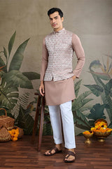 Dusty Brown Silk Kurta with Jacquard Koti Jacket