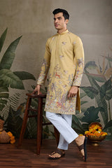 Yellow Viscose Silk Mens kurta for haldi ceremony