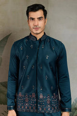Teal Blue Embroidered Kurta Koti Set for Men ⭐⭐⭐⭐⭐