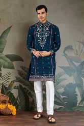 Teal Blue Embroidered Fancy Kurta for Men