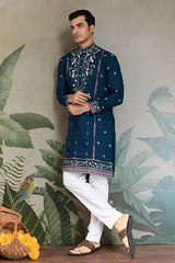 Teal Blue Embroidered Fancy Kurta for Men