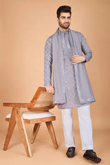Designer Grey Viscose Silk Men's Kurta – Elegant Wedding Attire