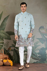 Traditional Sky Color Embroidered Kurta Pajama Set for Men