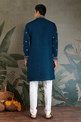 Teal Blue Embroidered Fancy Kurta for Men