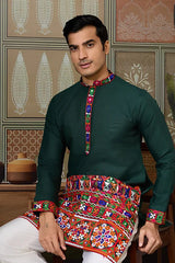 Navratri Style Green Cotton Readymade Kurta for Men