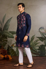 Wedding Special Navy Blue Embroidered Mens Kurta Set