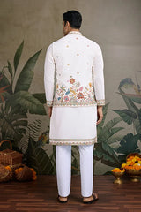 Designer White Cotton Kurta with Embroidered Koti