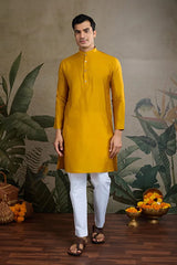 Latest Yellow Silk Kurta with Swarovski Koti Jacket for Men’s